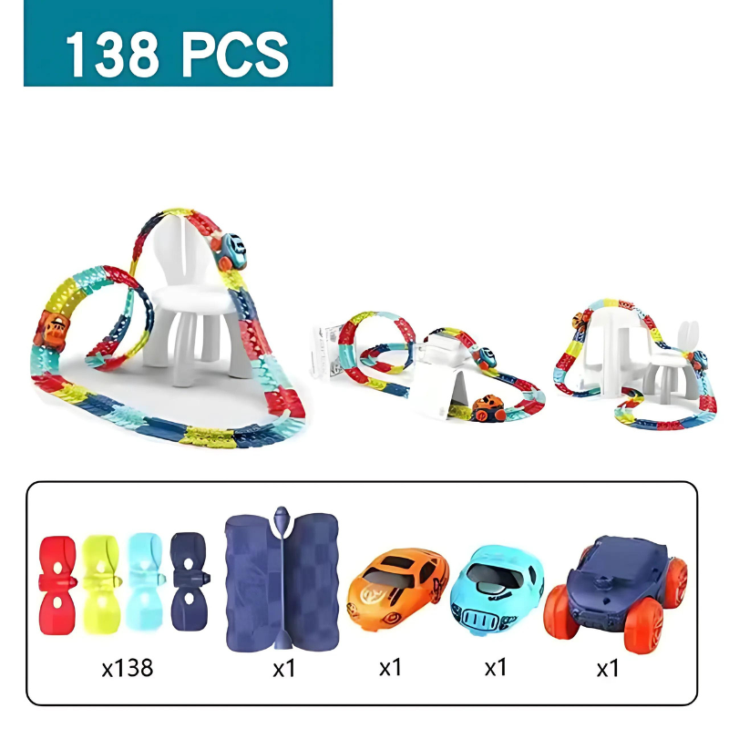 Interlocking flexible race track pieces and toy cars from a building set, enhancing kids' motor skills