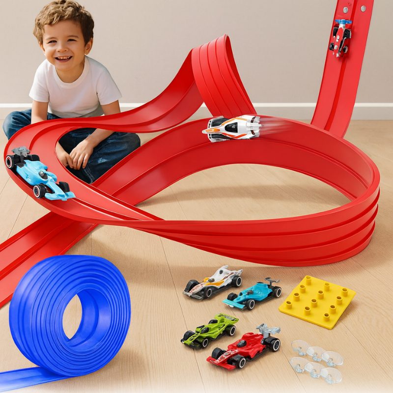 Kids' flexible suction cup race track set with colorful vehicles and curved tracks on a smooth surface.