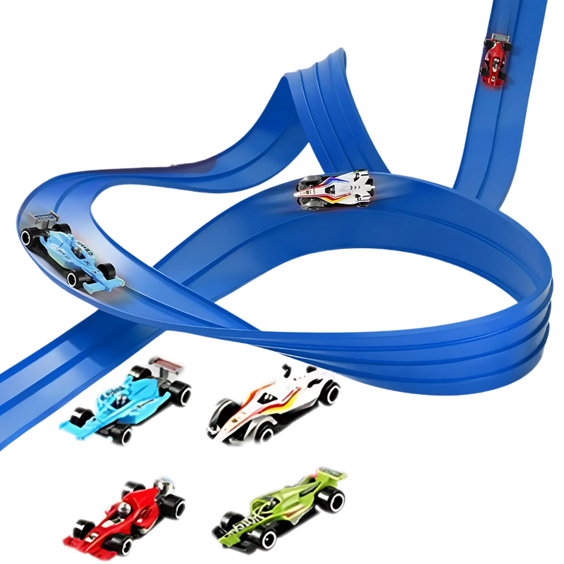 Vehicle set on a creative play flexible race track, showing multiple cars ready for a race.