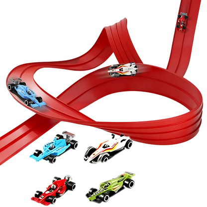 Overhead view of a child designing a unique flexible race track layout with suction cups for imaginative play.