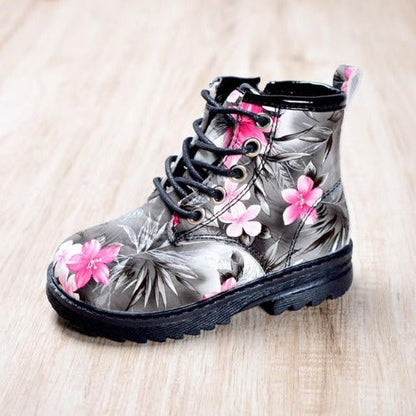 Toddler girls' floral combat boots, durable polyurethane leather, rubber sole, perfect for winter