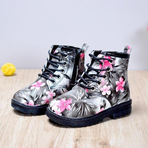 Youth floral combat ankle boots, black with pink and purple flowers, comfortable lace-up design