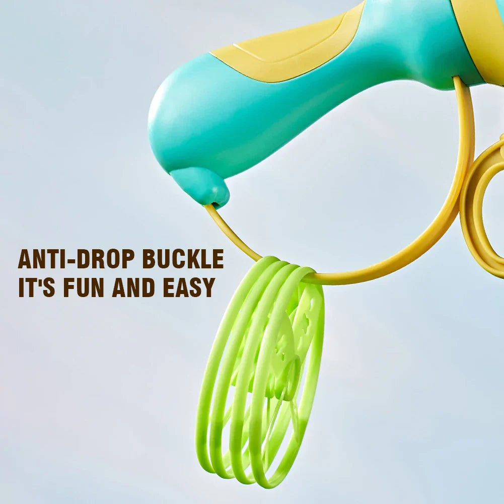 Closeup of a Kids' Flying Disc Launcher showing the easy-grip handle and disc slot