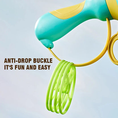 Closeup of a Kids' Flying Disc Launcher showing the easy-grip handle and disc slot