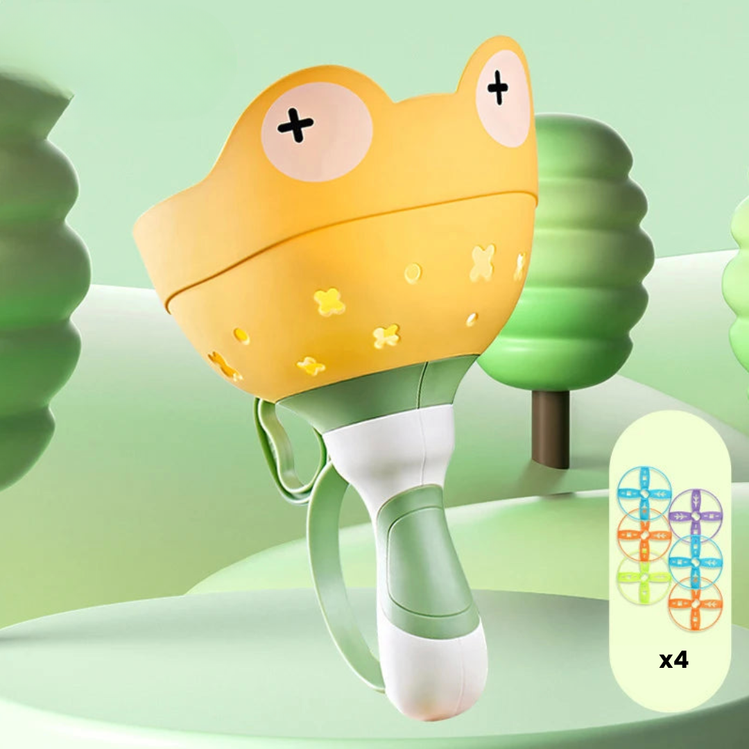 Packaging for Kids' Flying Disc Launcher outdoor toy, highlighting its frisbee action