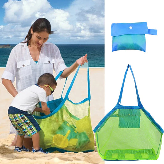 Kids foldable mesh beach bag in blue, perfect for sand and water resistant toy carrying.