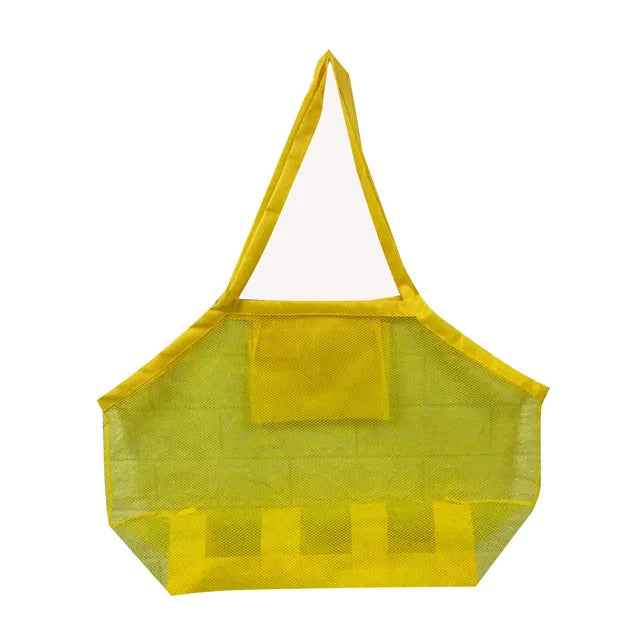Yellow mesh beach bag for kids, sand and water resistant, close-up of breathable fabric.