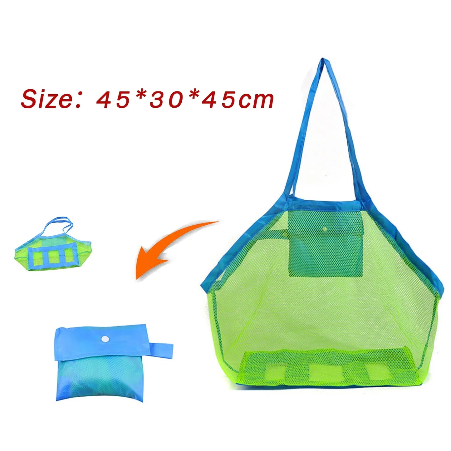 Orange foldable mesh beach bag with a child's hand reaching for toys inside.