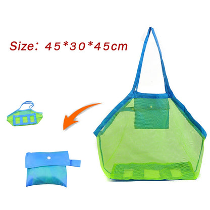Orange foldable mesh beach bag with a child's hand reaching for toys inside.