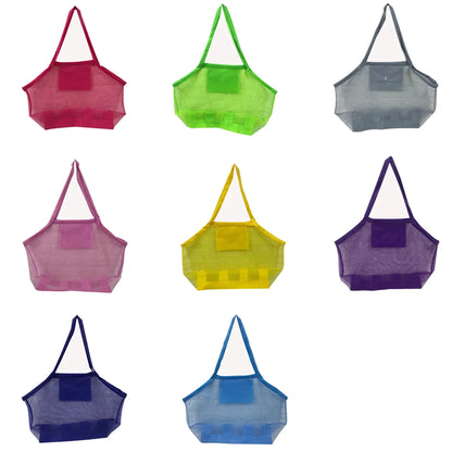 Foldable mesh beach bag open, showing ample space for multiple kids' beach toys.