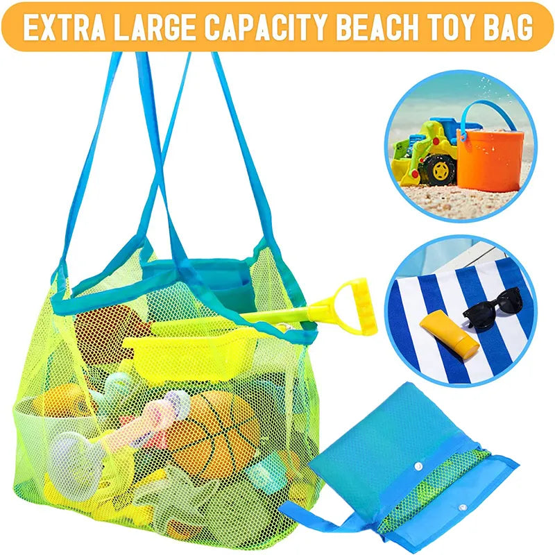 Foldable mesh beach bag for kids, vibrant green, ideal for toy storage and quick drying.