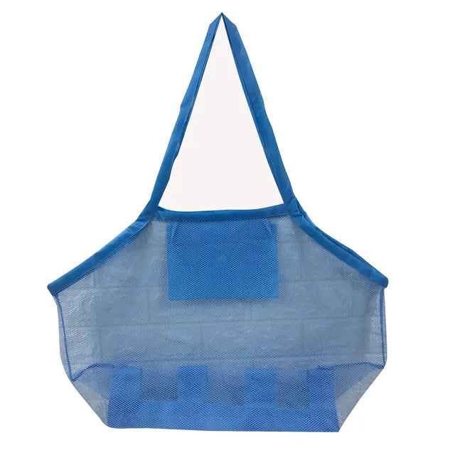 Foldable mesh beach bag, packed with beach toys, ready for children's travel.