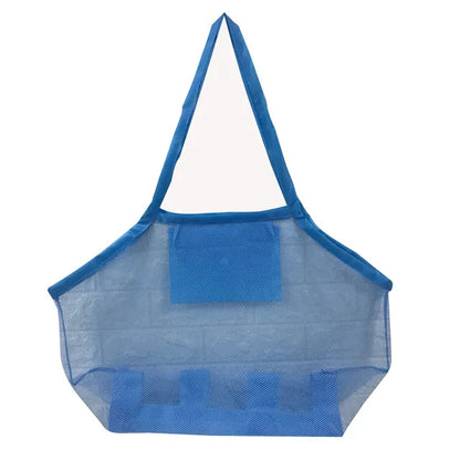Foldable mesh beach bag, packed with beach toys, ready for children's travel.