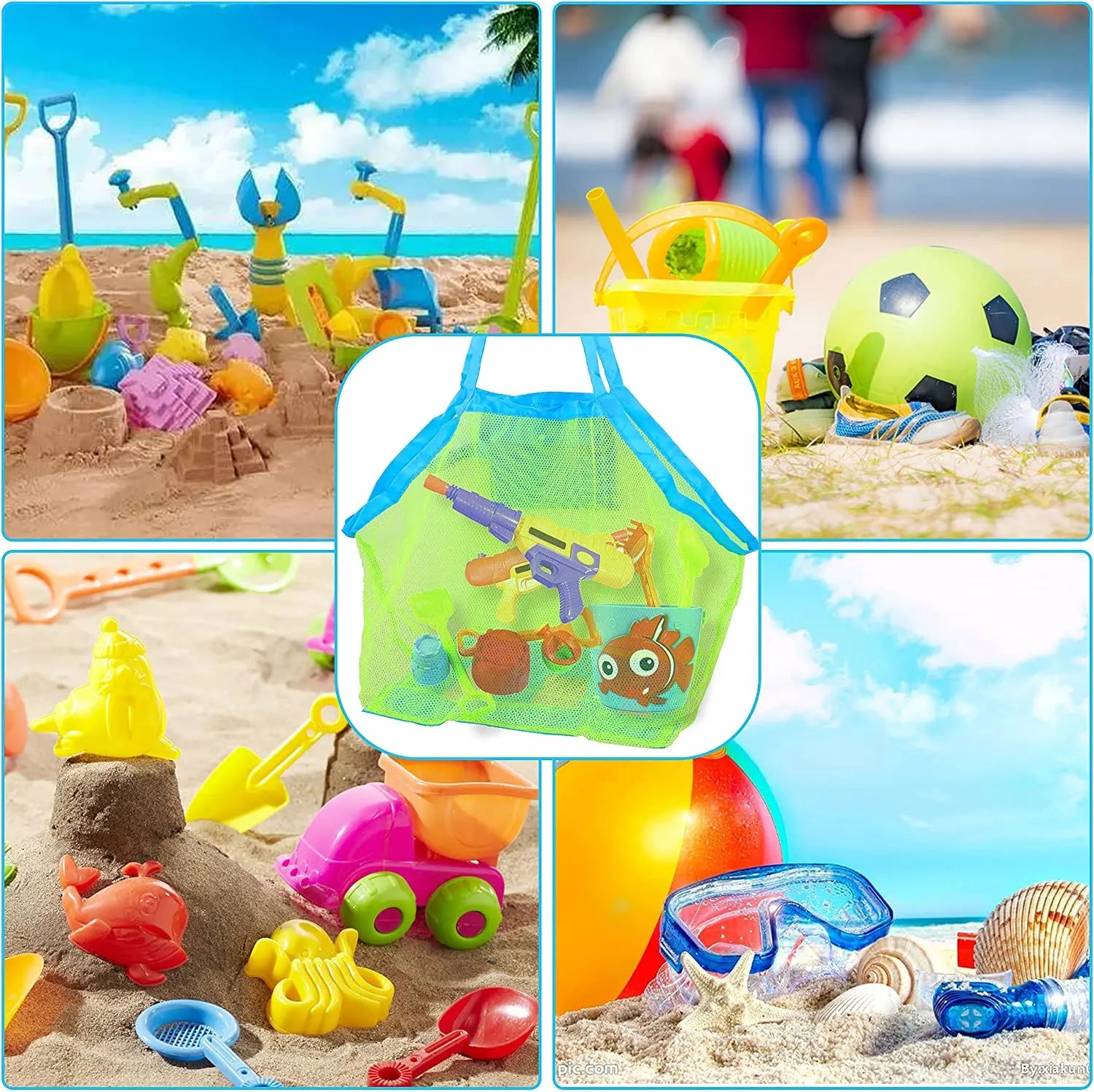 Orange foldable mesh beach bag, quick-dry design for kids' beach toys and travel.