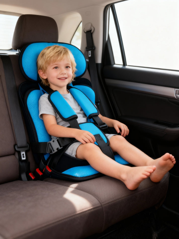 Kids' foldable travel car seat with 5-point safety harness for secure and portable toddler safety.