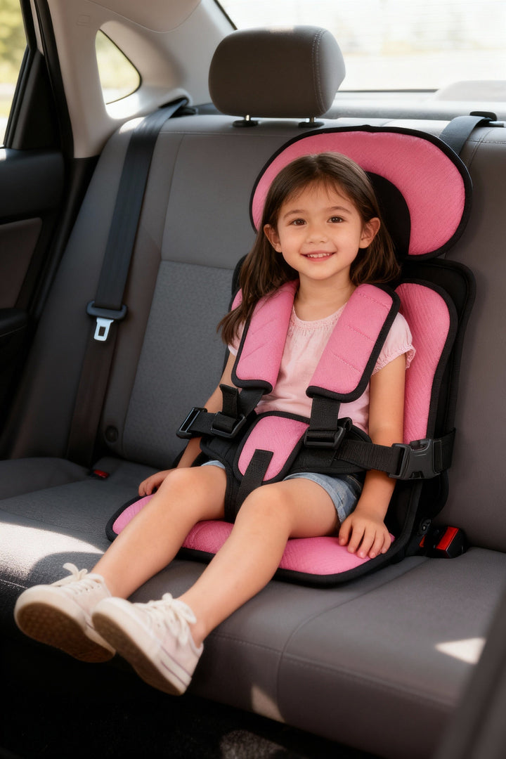 Unfolded kids' travel car seat, ready for use, highlighting the sturdy 5-point safety harness.