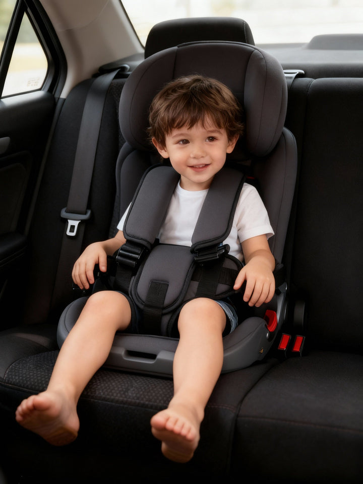 Blue foldable car seat for kids, a portable booster designed for toddler safety and easy travel.