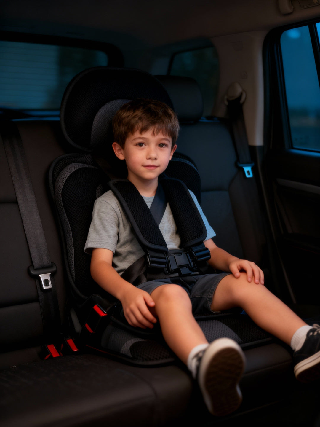 Junior car seat with a 5-point harness system, a compact and safe car accessory for travel.