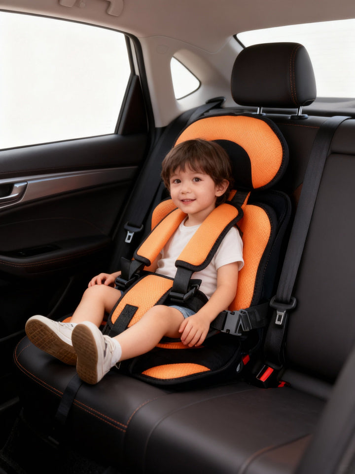 Child travel gear: an ergonomic foldable car seat with a secure 5-point safety harness.