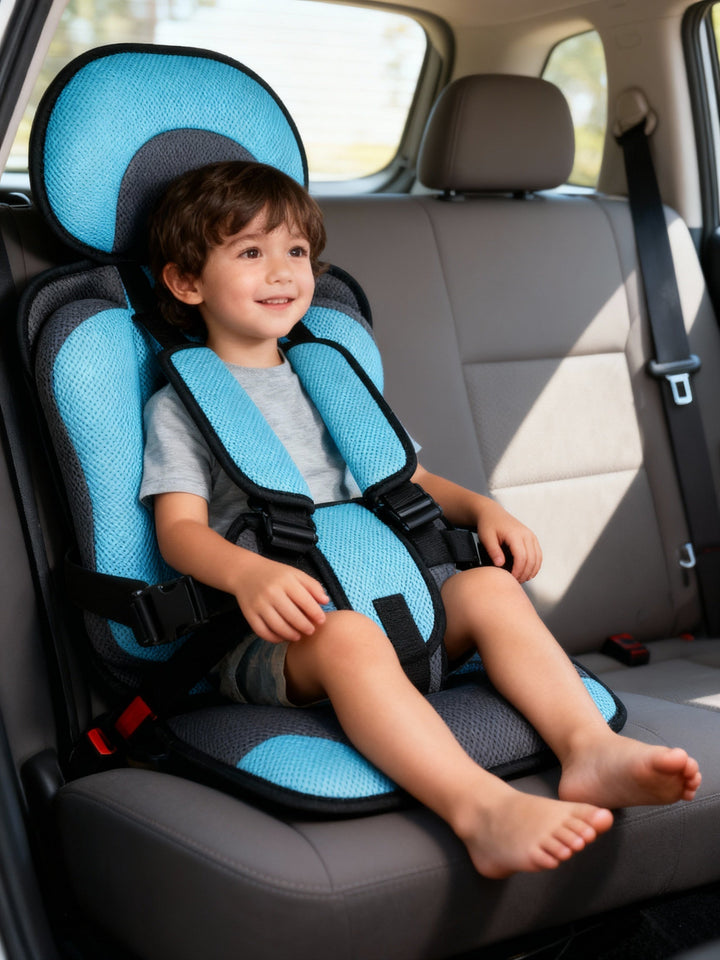Portable safety seat for toddlers, showcasing its easy-fold mechanism and 5-point harness.
