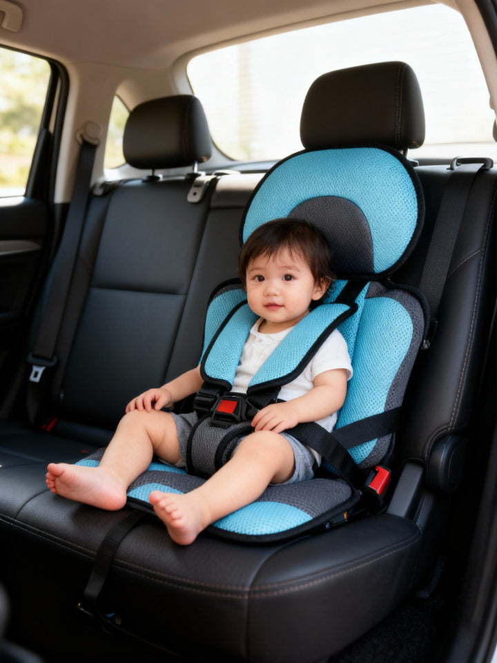 Versatile travel car seat, blue, with a 5-point safety harness for maximum child protection.