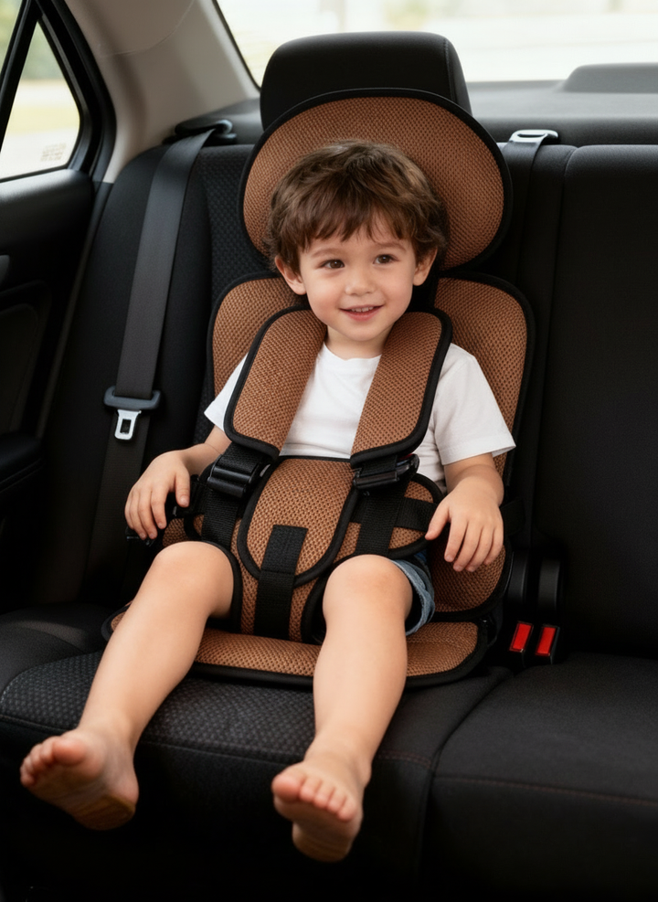 Close-up of the adjustable 5-point safety harness on a kids' portable travel car seat.