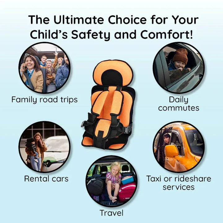 Compact travel car seat, blue, with 5-point harness for junior safety on the go.
