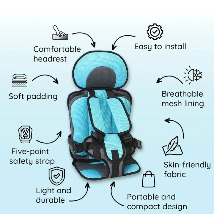 Child's portable safety seat with 5-point harness; easy to fold and perfect for travel adventures.