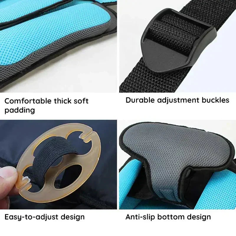 Foldable travel car seat in use, showing a child securely buckled with the 5-point harness.