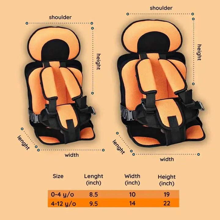 Detail view of the 5-point safety harness on a compact kids' travel car seat for toddlers.