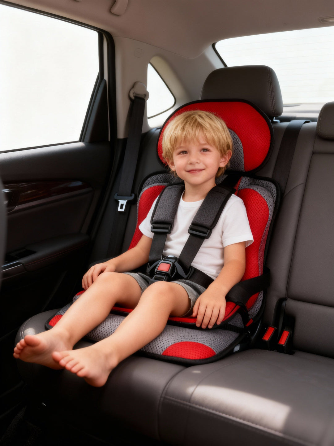 Folded portable booster seat, illustrating its compact design for child travel gear storage.