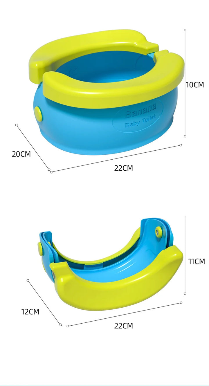 Child-friendly foldable travel potty seat in a home bathroom setting