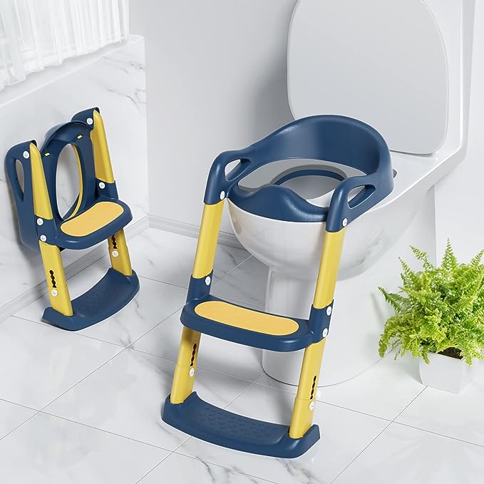 Compact folding potty training seat with adjustable steps, perfect toilet aid for young kids in any bathroom