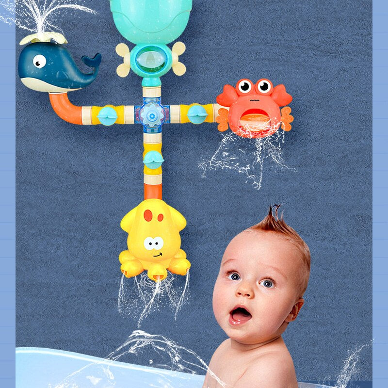 Kids' bath fountain toy set with vibrant colors and suction cups for secure tub play