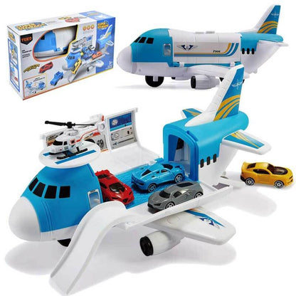 Detailed transport cargo airplane toy, friction-powered for kids, includes six small construction vehicles.