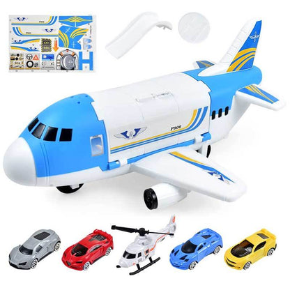 Large kids' friction-powered airplane toy opening to reveal storage for included construction vehicles.