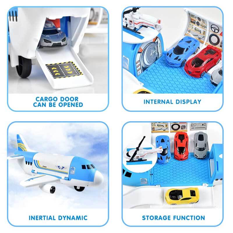Vibrant kids' cargo plane toy set, friction-powered, with a runway playmat for immersive vehicle play.