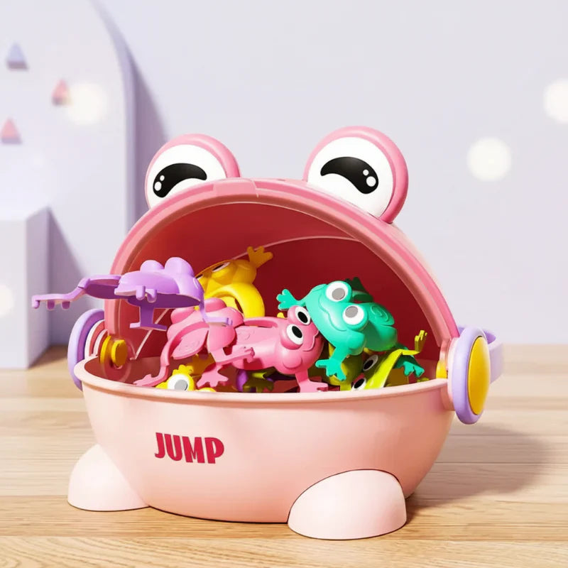 Close-up of green frog launcher and lily pad target in kids' educational bounce game toy