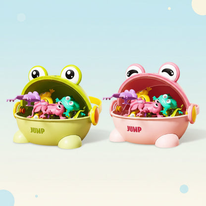 Child enthusiastically playing with Frog Bounce Game, developing fine motor skills indoors