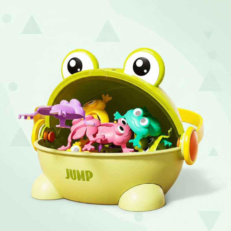 Two children laughing and playing the Frog Bounce Game, promoting cooperative indoor play and motor skills
