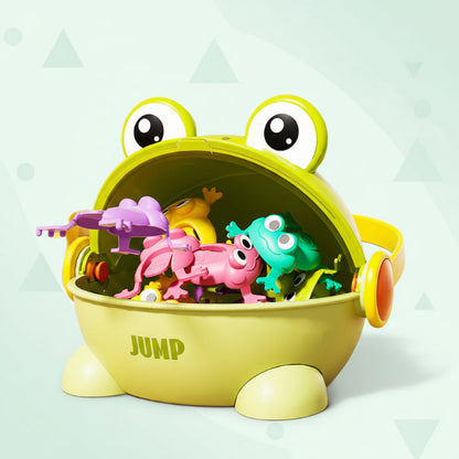 Two children laughing and playing the Frog Bounce Game, promoting cooperative indoor play and motor skills