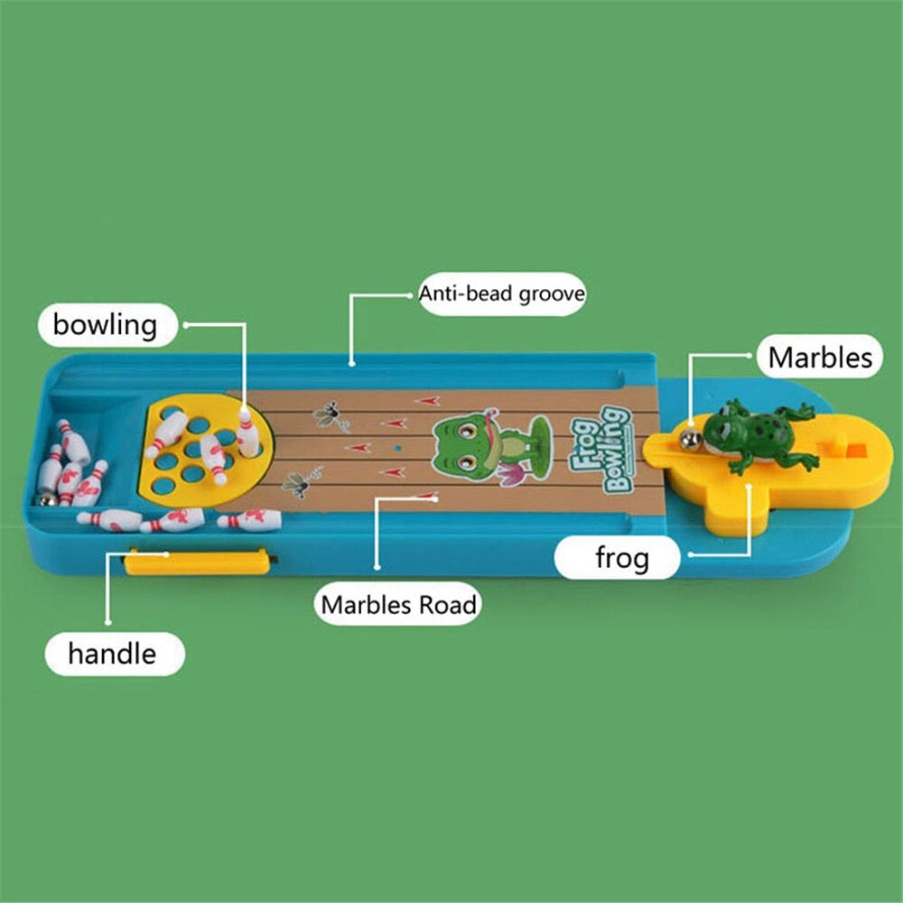 Child's hand rolling ball towards frog bowling pins, fun learning game, motor skill development