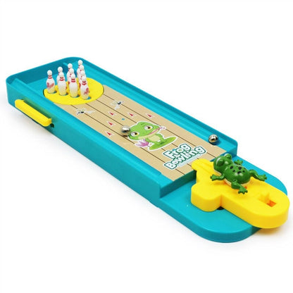Children playing with Frog Bowling Toy, colorful pins, developing motor skills, outdoor activity