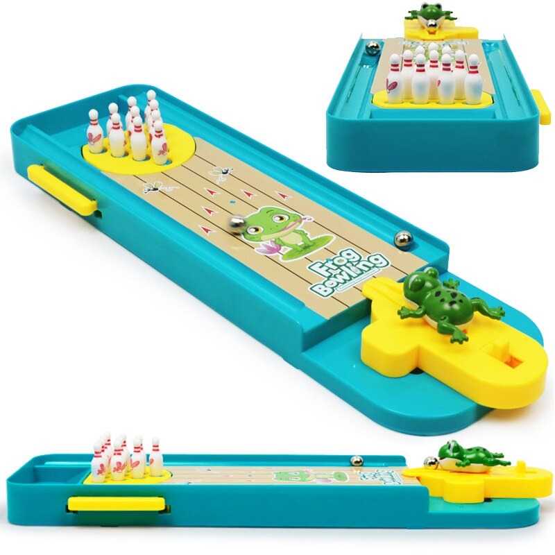 Close-up of cute frog bowling pins and ball, engaging kids game, educational toy