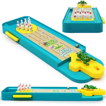Close-up of cute frog bowling pins and ball, engaging kids game, educational toy