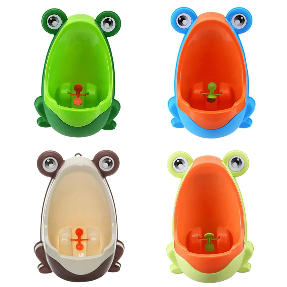 Green frog urinal for potty training boys, wall-mounted for ideal height & easy clean removable bowl.