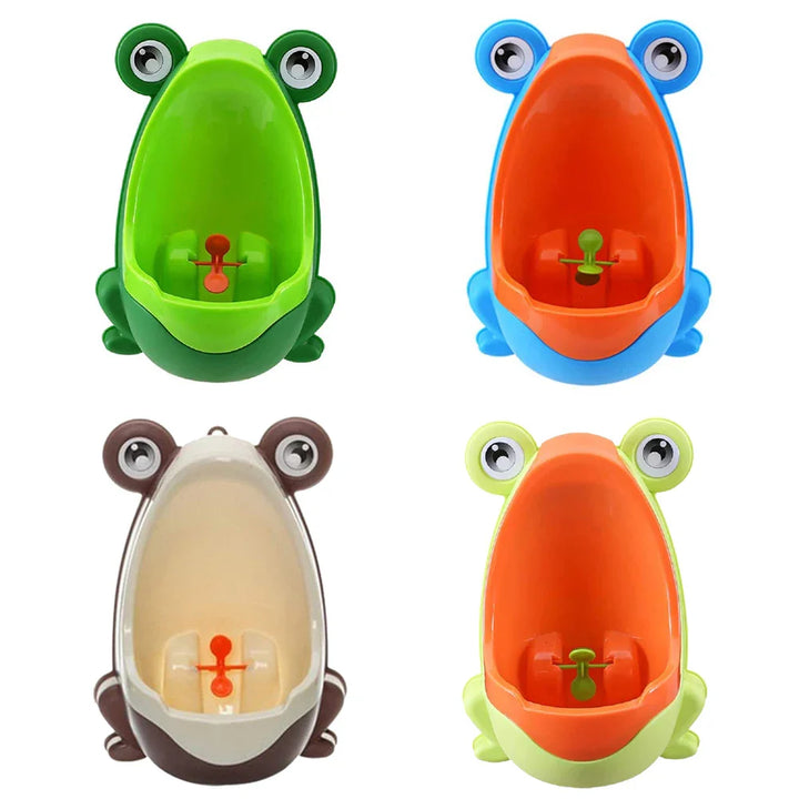Green frog urinal for potty training boys, wall-mounted for ideal height & easy clean removable bowl.