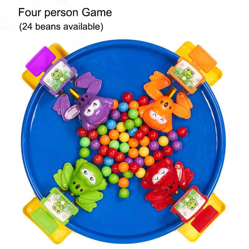 Child wearing a frog mask, aiming a tongue at game cards, demonstrating reaction game fun.