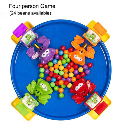 Child wearing a frog mask, aiming a tongue at game cards, demonstrating reaction game fun.