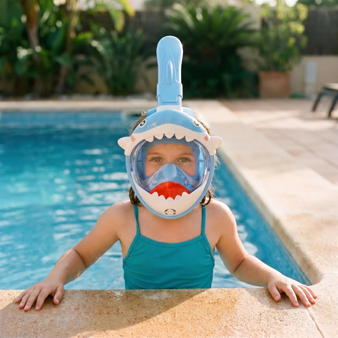 Kids' full face shark snorkel mask for safe, fun underwater swimming & snorkeling. Perfect children's water gear.